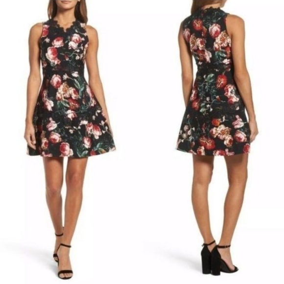 Chelsea28 Dresses & Skirts - Chelsea 28 Black Foxie Floral Lace Trim Mini Dress size L